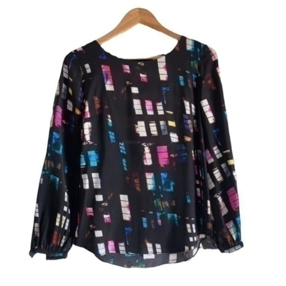 Amanda Uprichard Valerie Silk Black Geometric  Long Sleeve Blouse​​